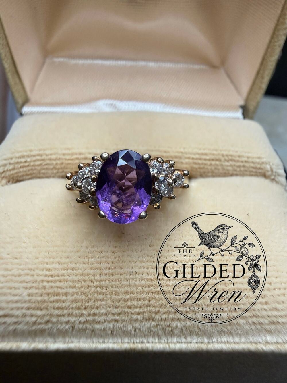 Vintage 10K Gold Natural Amethyst & Diamond Cluster Ring